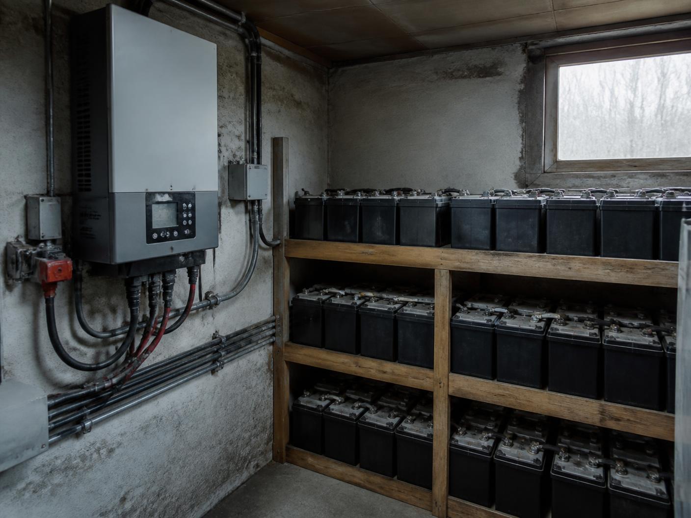 Older wall-mounted inverter and battery bank in an off-grid power room