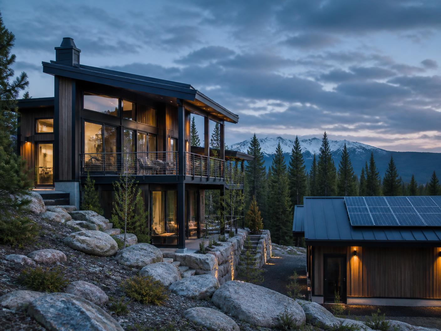 Colorado mountain property with a solar array at dusk