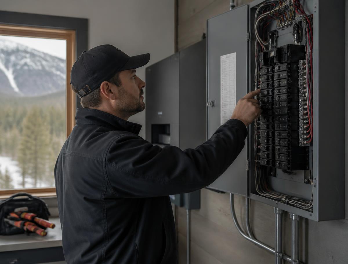 Technician inspecting a power distribution panel